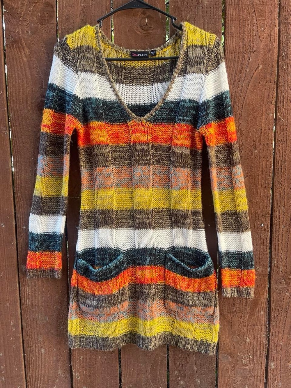 Ultra Flirt Multi-color Striped Y2k Retro Boho V-Neck Cozy Sweater Dress Sz M